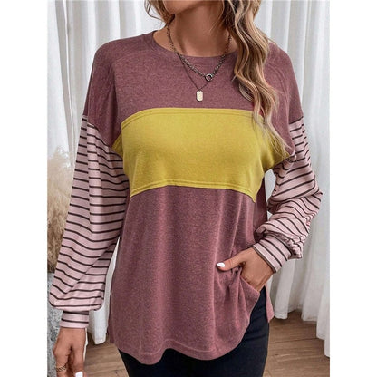 Round Neck Casual Striped Contrast Long-Sleeved T-Shirt