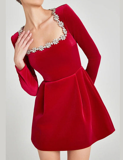 Elegant Velvet Rhinestone Trim Mini Dress