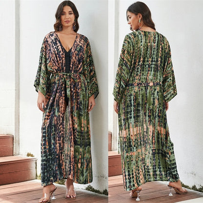 Long Sleeve Printing Waist Tied Casual Loose Long Beach Bikini Cardigan Cover-Up