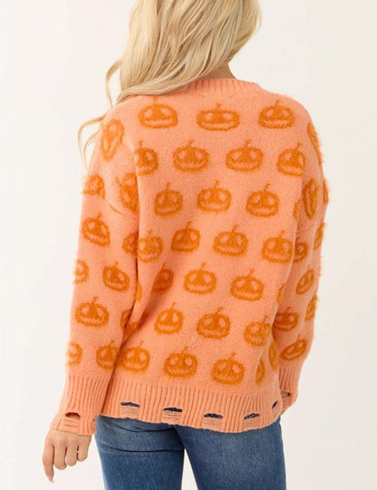 Halloween Pumpkin Ribbed Pullover Sweater