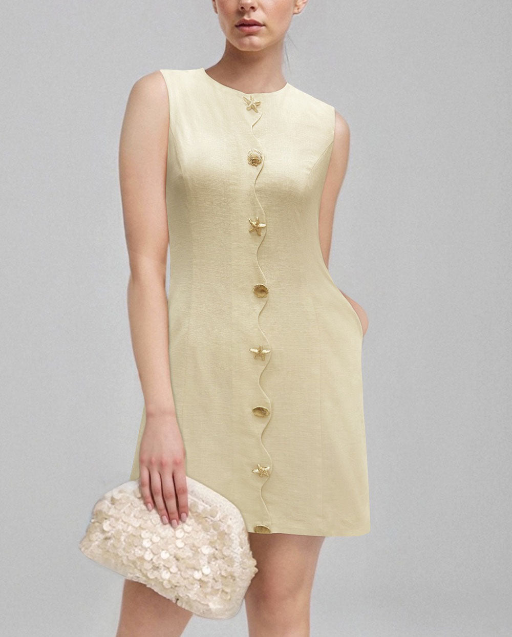 Slim Metal Buttons Sleeveless Mini Dress