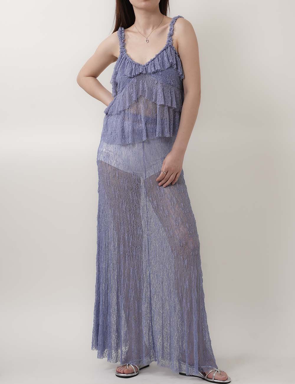 Lace Ruffle Spaghetti Top Maxi Skirt Sets