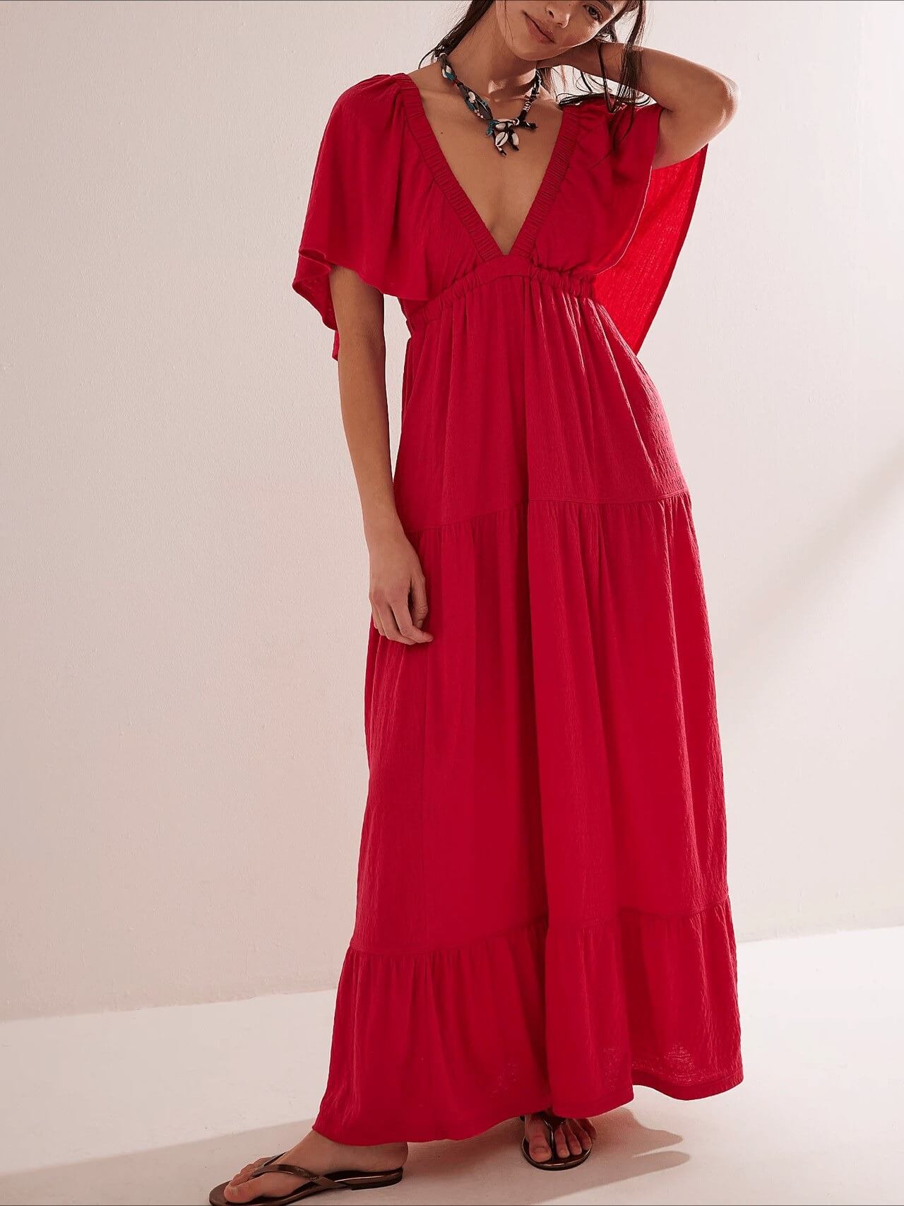 V-Neck Backless Short Sleeves Maxi Dress
