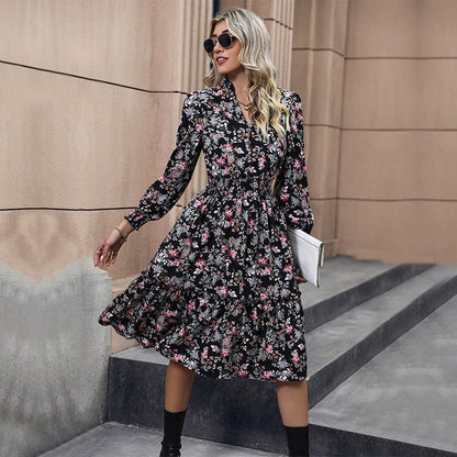 Long Sleeves V-Neck Floral Printed A-Line Dress