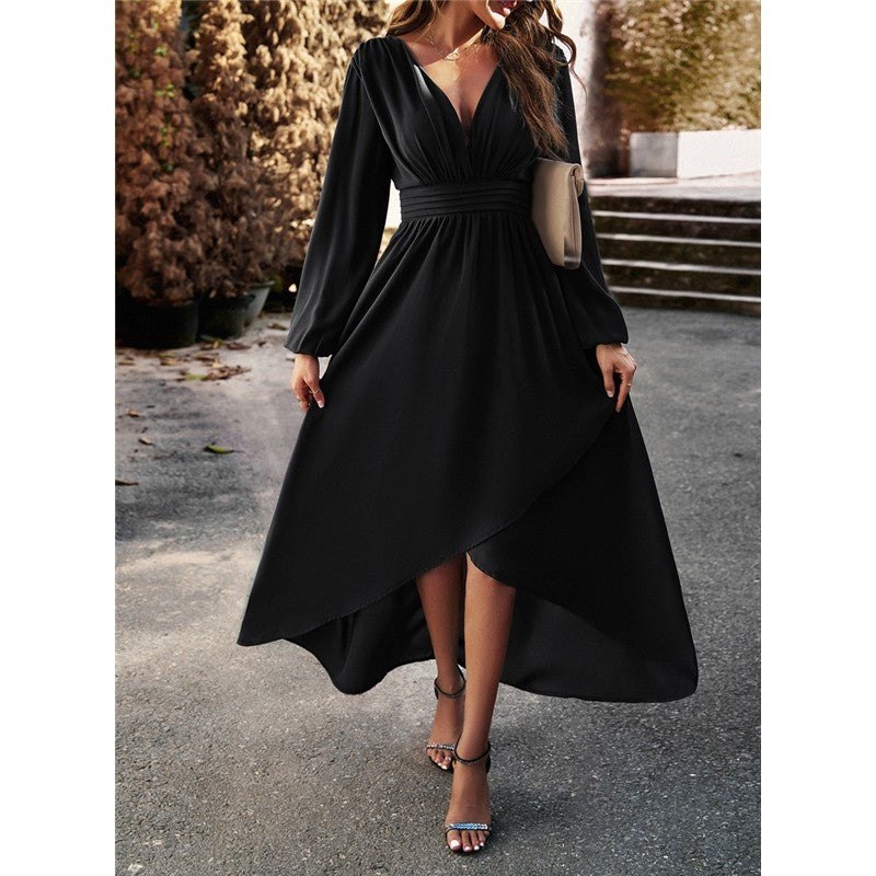 Solid Color Waisted Irregular Full Skirt Dress
