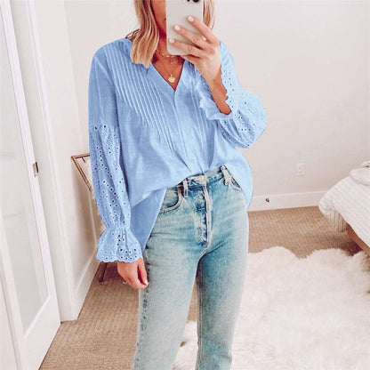 V-Neck Embroidered Hollow Shirt