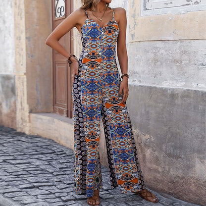 Backless Printed Suspender Wide-Leg Ethnic Style Jumpsuit