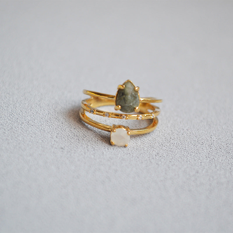 Multi-Layer Hollow Stone Gold Plated Open Rings