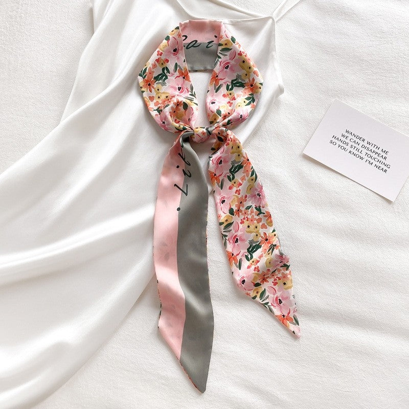 Elegant Floral Long Silk Hair Scarf