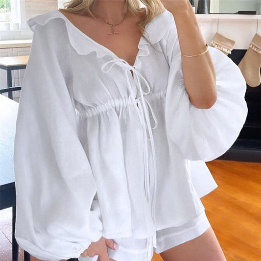 White Lantern Sleeve V-Neck Top And Shorts Set