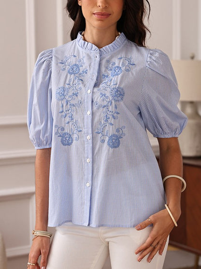 Plaid Floral Embroidered Ruffled  Shirt