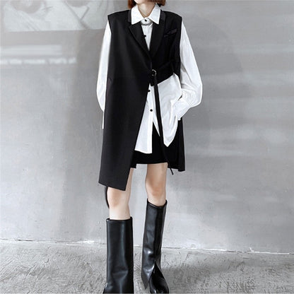 Solid Color Tailored Collar Irregular Tied Loose Vest