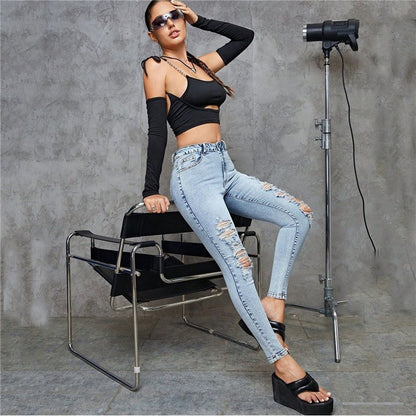 Classic Ripped High Waist Slim Fit Skinny Jeans