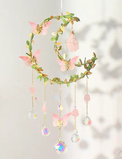 Leaves Butterfly Moon Crystal Suncatcher