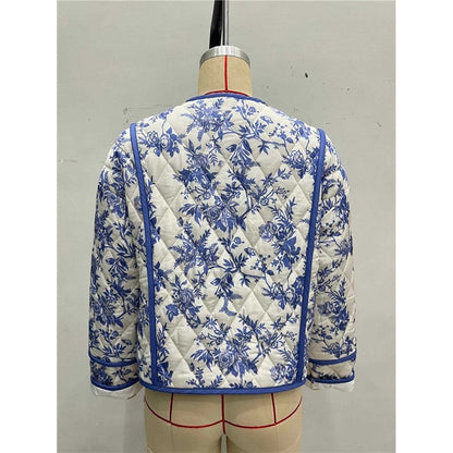 V-Neck Retro Print Cotton Jacket