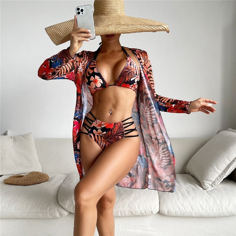 Split Three Piece Long Sleeve Bikini Swimsuit