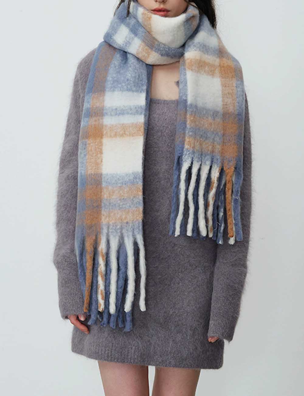 Checkered Wool Blend Long Shawl Winter Scarf