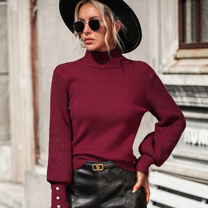 Solid Color Long Sleeve High Neck Casual Loose Pullover Knitted Sweater