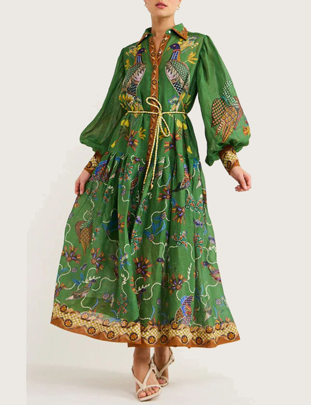 Peacock Print Lapel Buttons Maxi Dresses