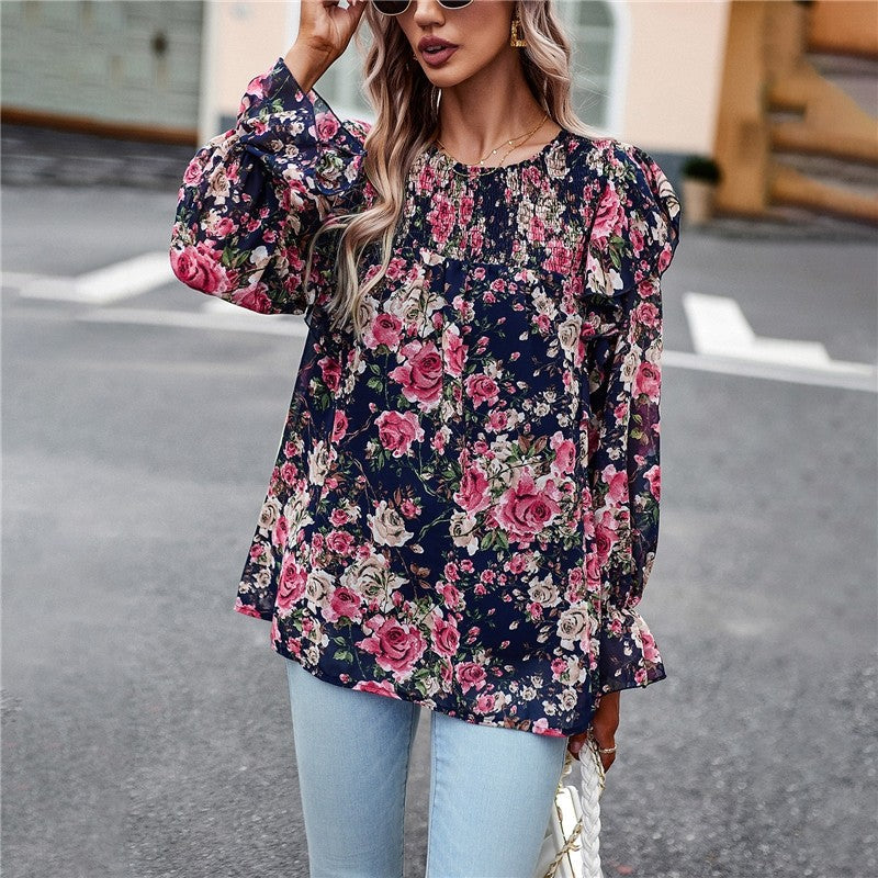Crewneck Long Sleeves Floral Printed Casual Loose Blouse Top
