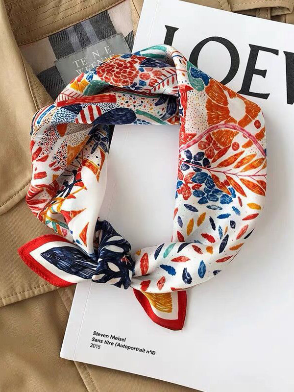 Square Flower Print Leaves Print Scarf
