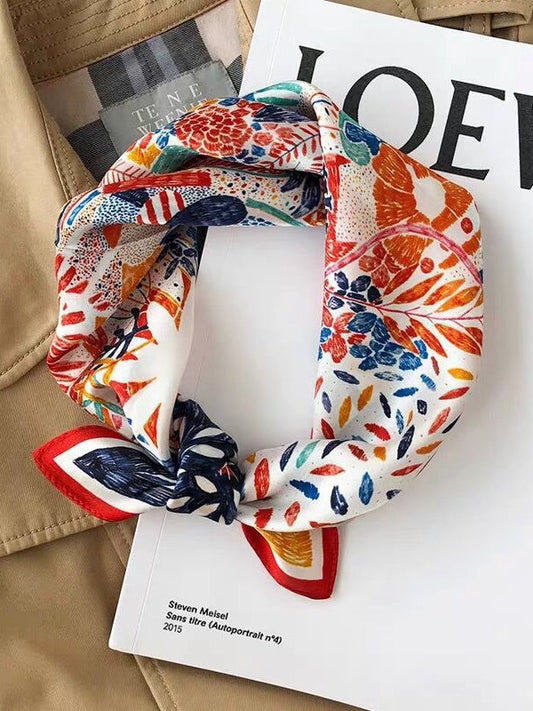 Square Flower Print Leaves Print Scarf