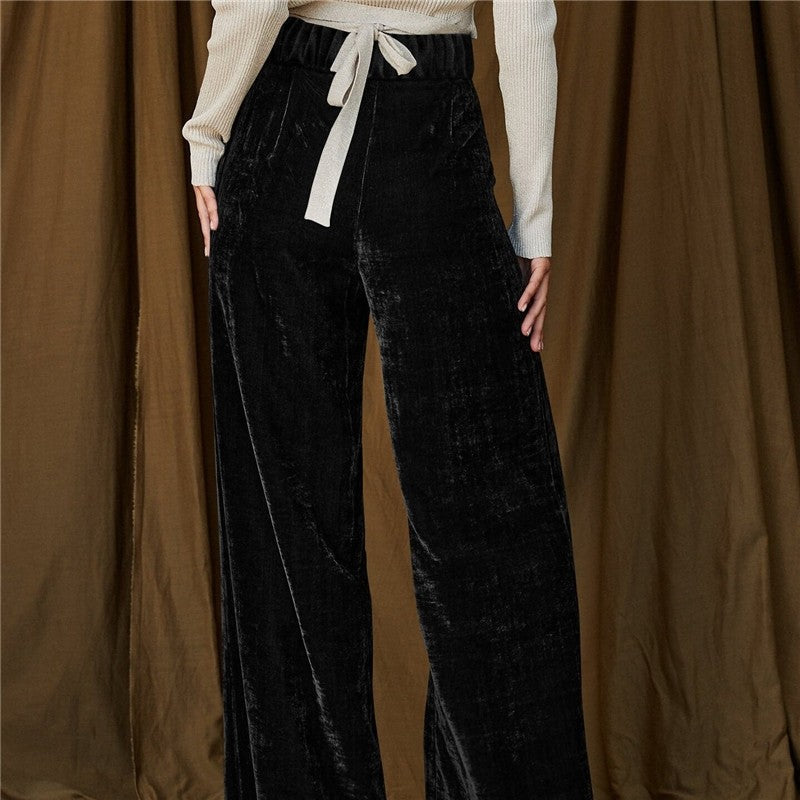 Loose Fit Button Wide Leg Trousers In Velvety Fabric