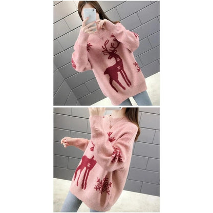 Deer Jacquette Round Neck Knit Sweater