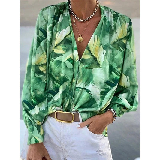 V-Neck Leaves Printed Women's Blouse