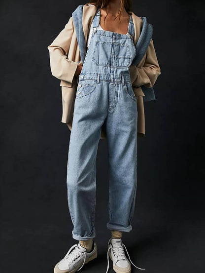 Casual Washed Strap Denim Jumpsuit