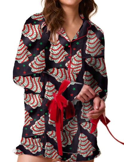 Cute Tree Print Satin Ruffled Pajamas Set