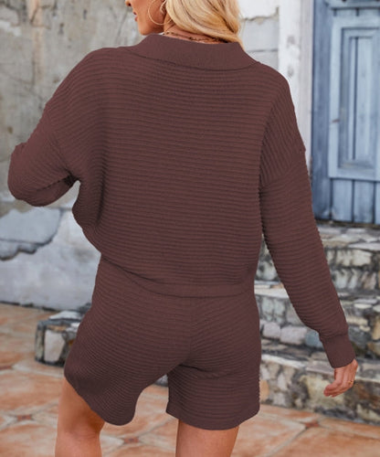 Solid Color V-Neck Sweater Loose Short Knit Set