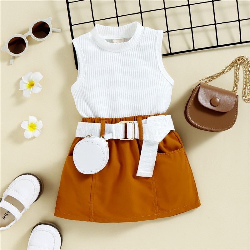 Crewneck Sleeveless Ribbed Vest And Skirt And Belted Waist Bag Three Pieces Suits