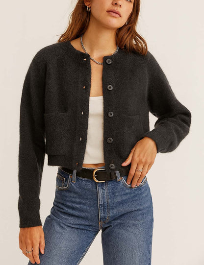 Simple Long Sleeve Knit Cropped Cardigan With Pockets
