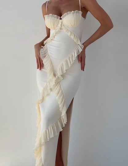 Wrap Ruffle Split Spaghetti Maxi Dress