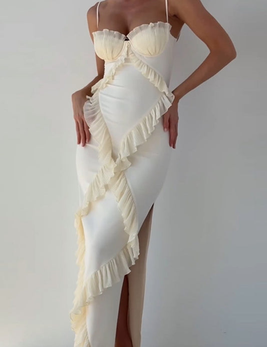 Wrap Ruffle Split Spaghetti Maxi Dress