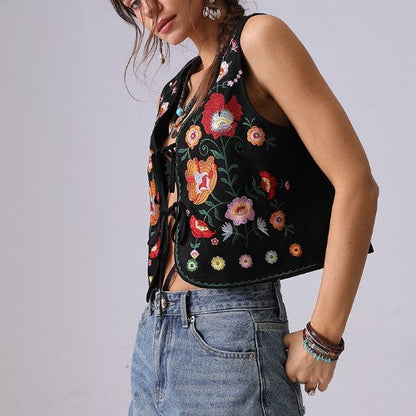 Vintage Flower Embroider String Vest