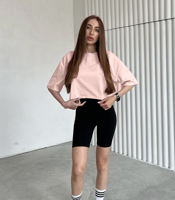 Round Neck Loose Solid Color Short Top