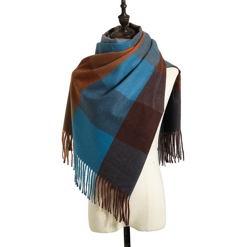 Plaid Print Striped Tasseled Shawl Scarf