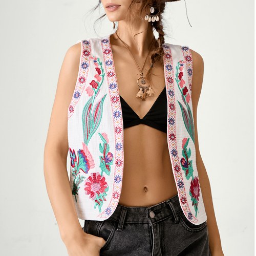 Floral Embroidered Open Front Vest