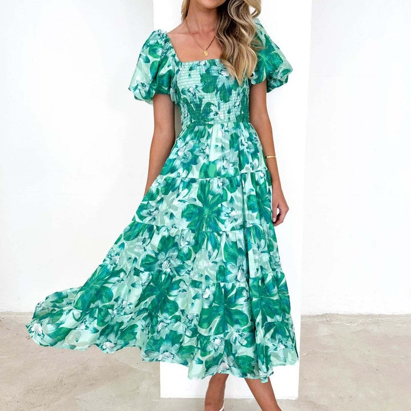Boat Neck Short Sleeve Elastic Waist A-Line Long Dress
