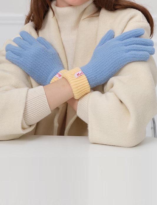 Color Block Splicing Wool Knit Gloves