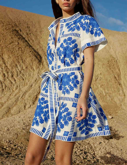 Trendy Print Button Down Tie Waist Dress