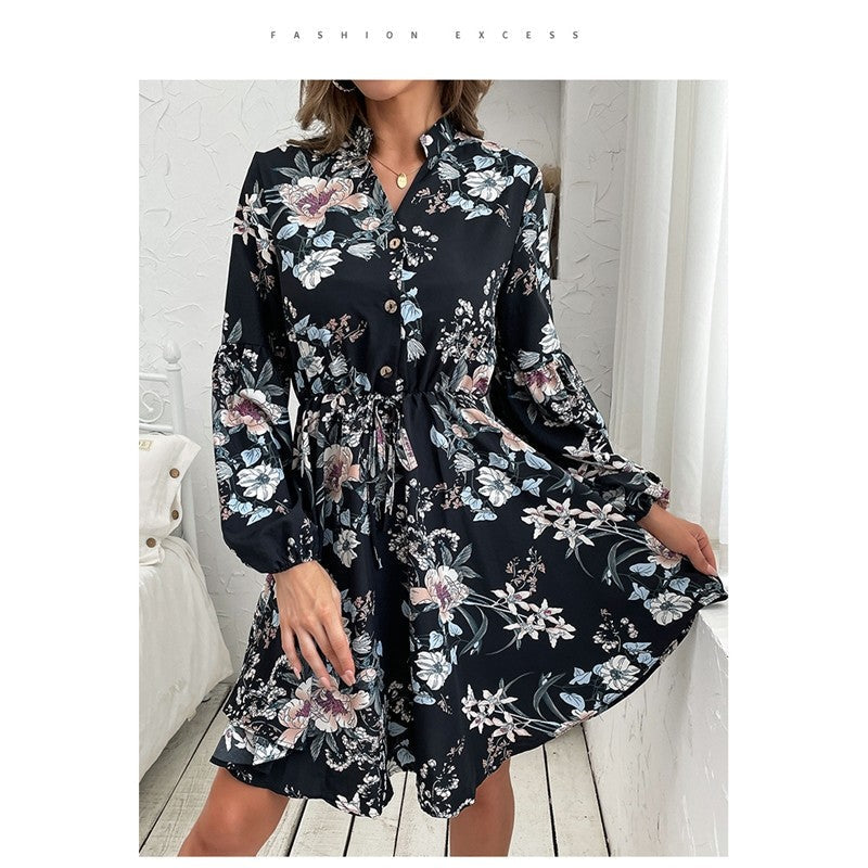 Black Vintage Long Sleeve Printed Dress