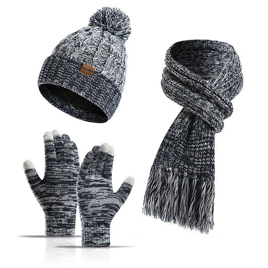 Three-Piece Set Of Color Hat Thick Scarf Touch Screen Gloves