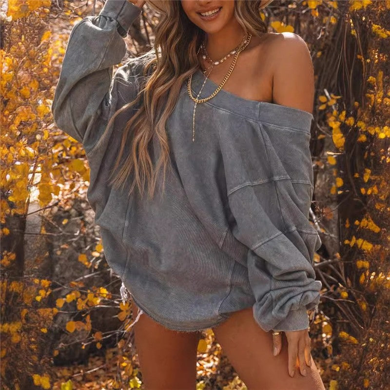 Loose-Fit Minimalist Solid Color Ribbed Cuff Sweatshirt