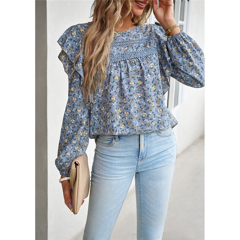 Round Neck Long Sleeve Floral Shirt