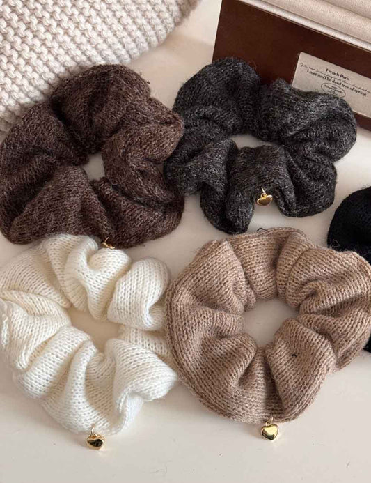 Solid Color Heart Pendant Knit Hair Tie