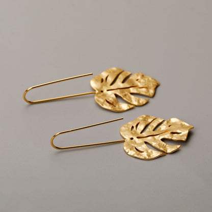 Gold Plated Monstera Leaf Drop Earrings