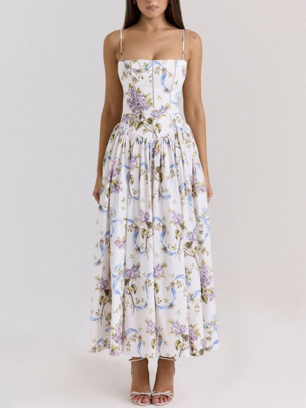 Floral Print Slim Maxi Spaghetti Dress